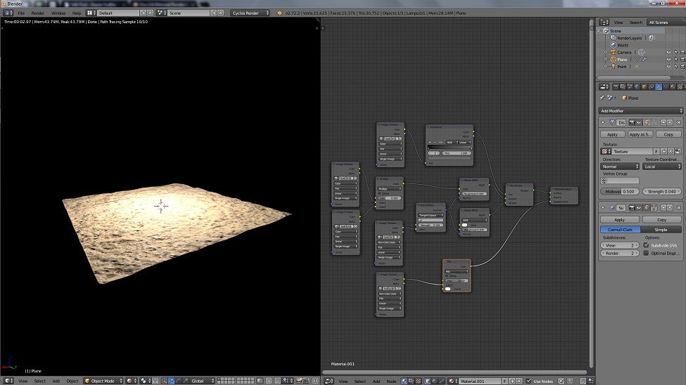 Diffuse Texture + Glossy Shader + Normal Map + Specularity Map + Occlusion Map + Bump (Displacement Map) + Displacement Modifier